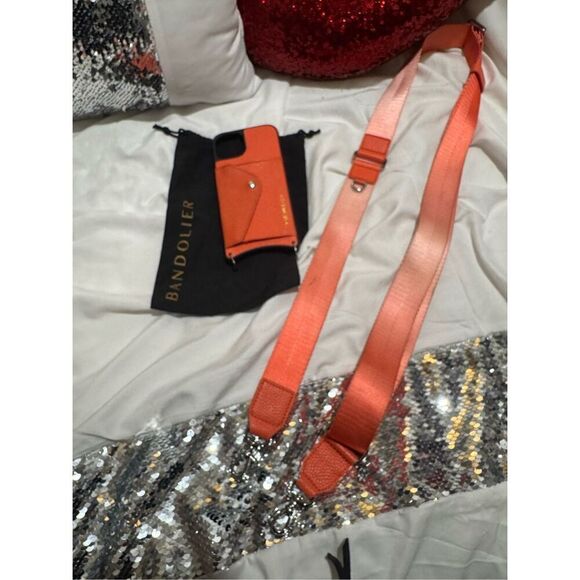Bandolier IPhone 13 crossbody case w/Bobby nylon belt/ strap pastel ombre orange - Picture 3 of 4